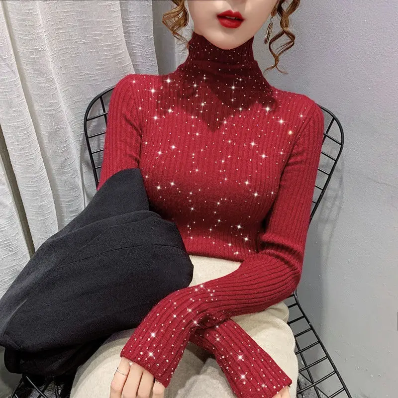 Luxury Shiny Rhinestone Sweater Fall Winter Slim Thin Knitted Bottoming Shirts Turtleneck Pullovers Sequined Undershirts Tops