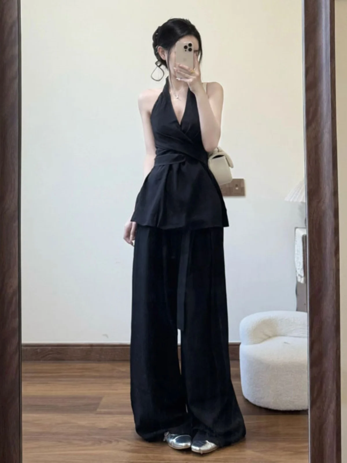 

Korean Style Casual Outfit Two-Piece Set Neck Hanging Top And Long Pants Comfortable Cotton V-Neck Vest for Young Women