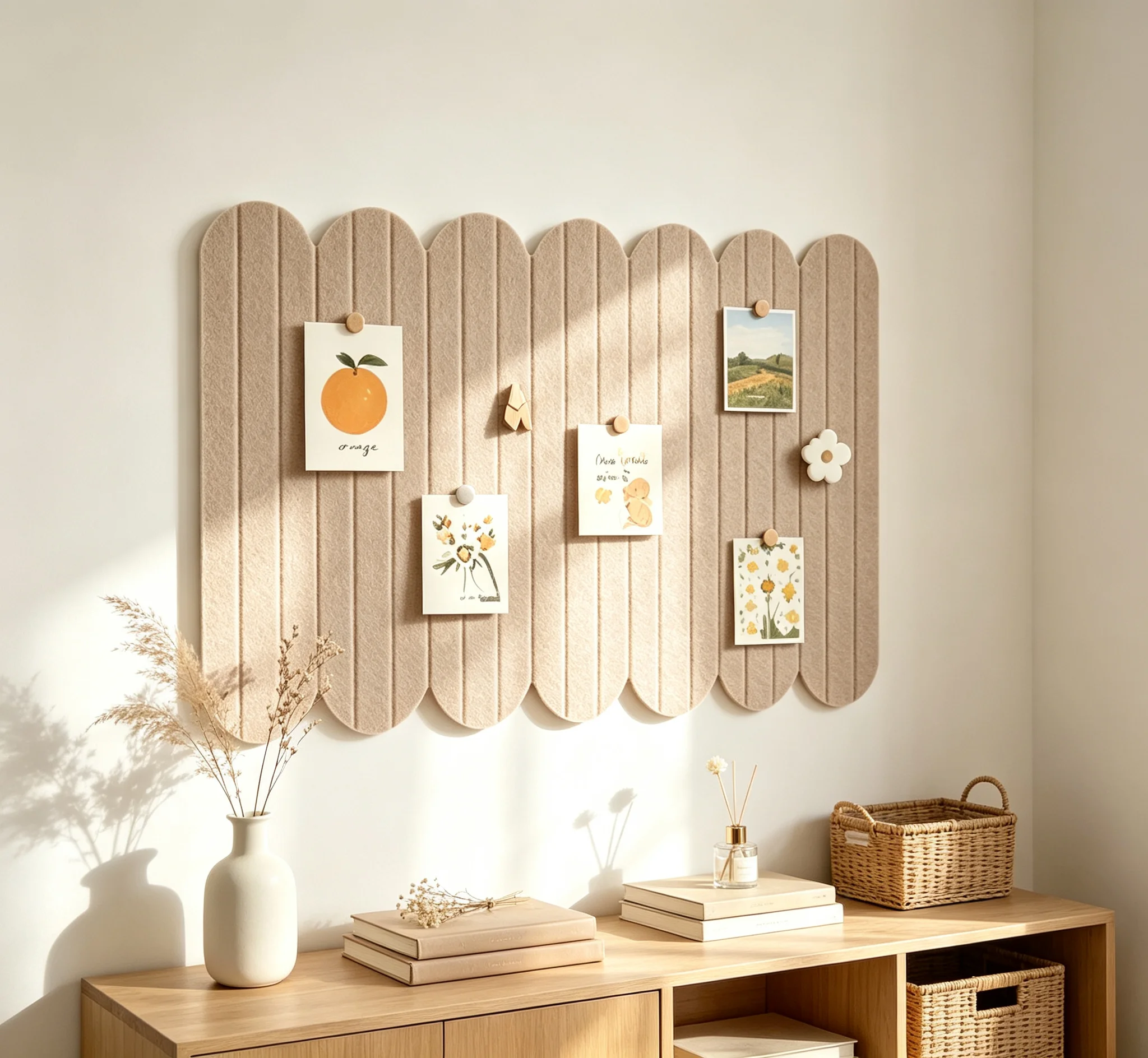Organize and store with the romantic felt board, which is self-adhesive and detachable, serving as a multifunctional bulletin board and display board suitable for photos and notes