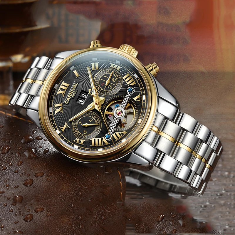 

CARNIVAL Luxury Brand Tourbillon Mechanical Mens Watches 3ATM Waterproof Date Luminous Automatic Watch for Men Reloj Hombre