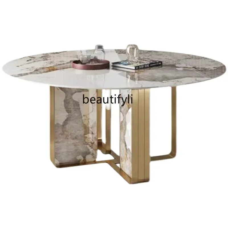 

Italian Round Table Simple Household Stainless Steel Rock Slab With Turntable Dining Table Modern Pole