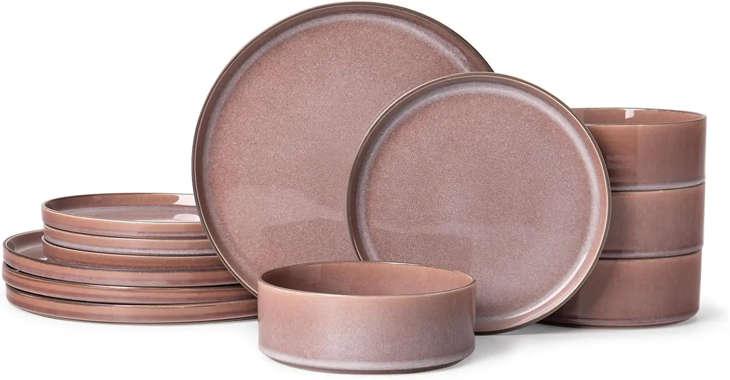 

Ceramic Dinnerware Sets for 4, 12PCS Stoneware Plates and Bowls, Chip and Scratch Resistant, Microwave and Dishwasher Safe, Hous