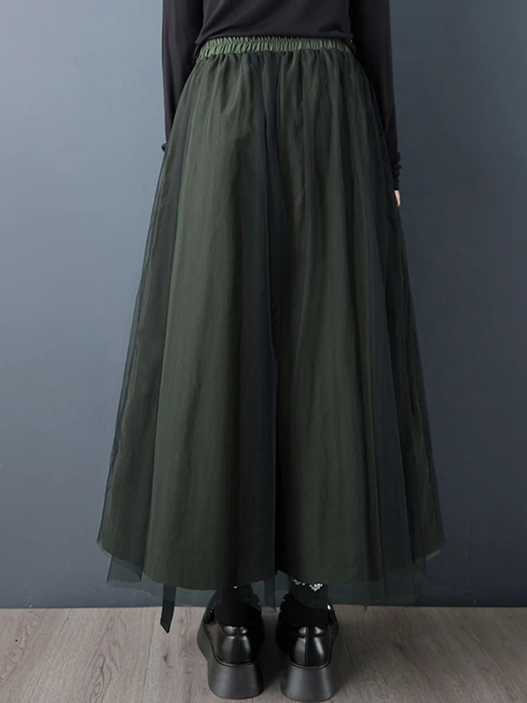 خليط شبكة خضراء خمر عالية الخصر بنطال ذو قصة أرجل واسعة المرأة الجديدة ربيع الخريف بناطيل فضفاضة غير رسمية موضة الشارع الشهير 2025