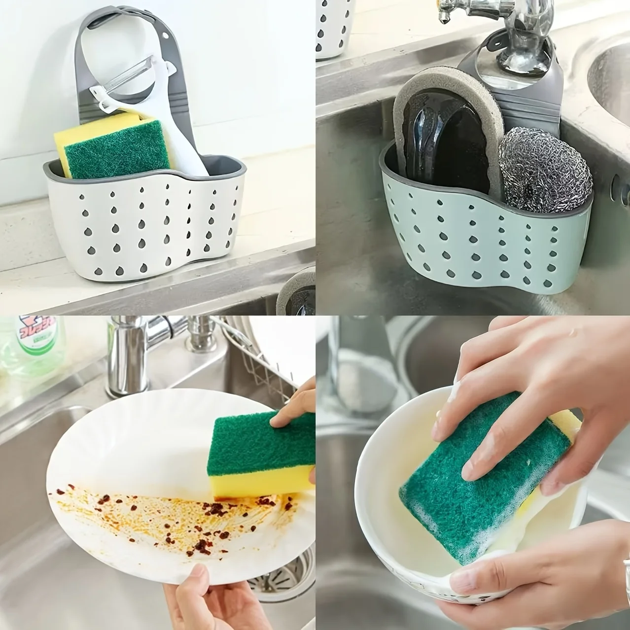 4 pieces - adjustable kitchen sink storage rack with dishwashing sponge and dishwashing cleaning cloth - space-saving hanging dr