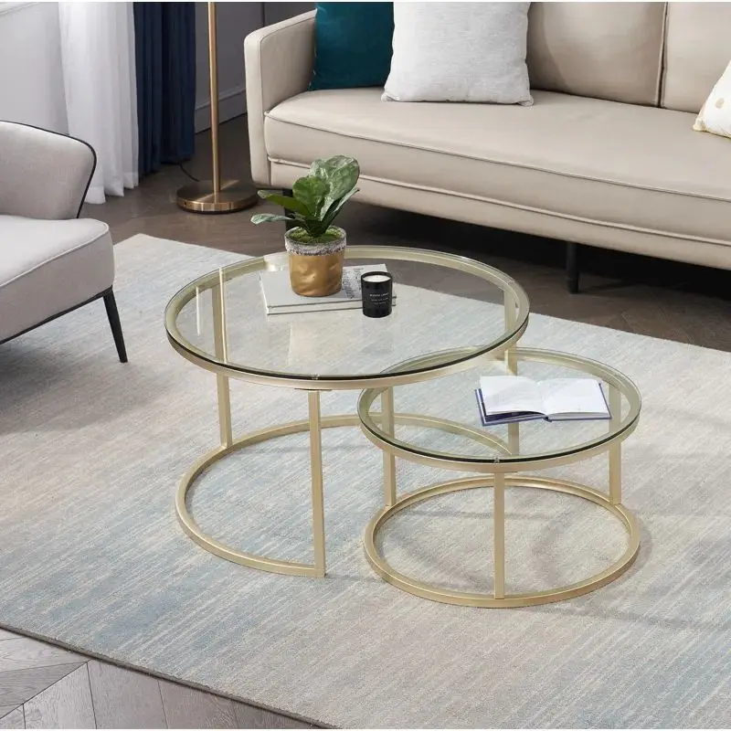 # Home Furniture Living Room Ottoman Coffee Table Round Wood and Glass Top Coffee Table with Metal Base