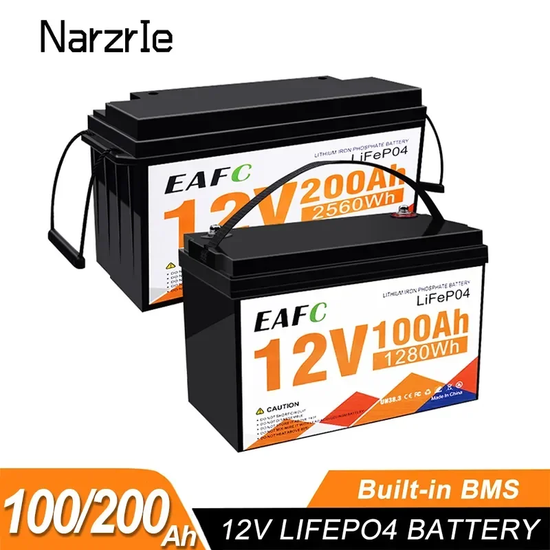 LiFePO4 Battery 12V 200Ah 100Ah Lithium Iron Phosphate  for Solar Power System RV House Trolling Motor With Built-in BMS