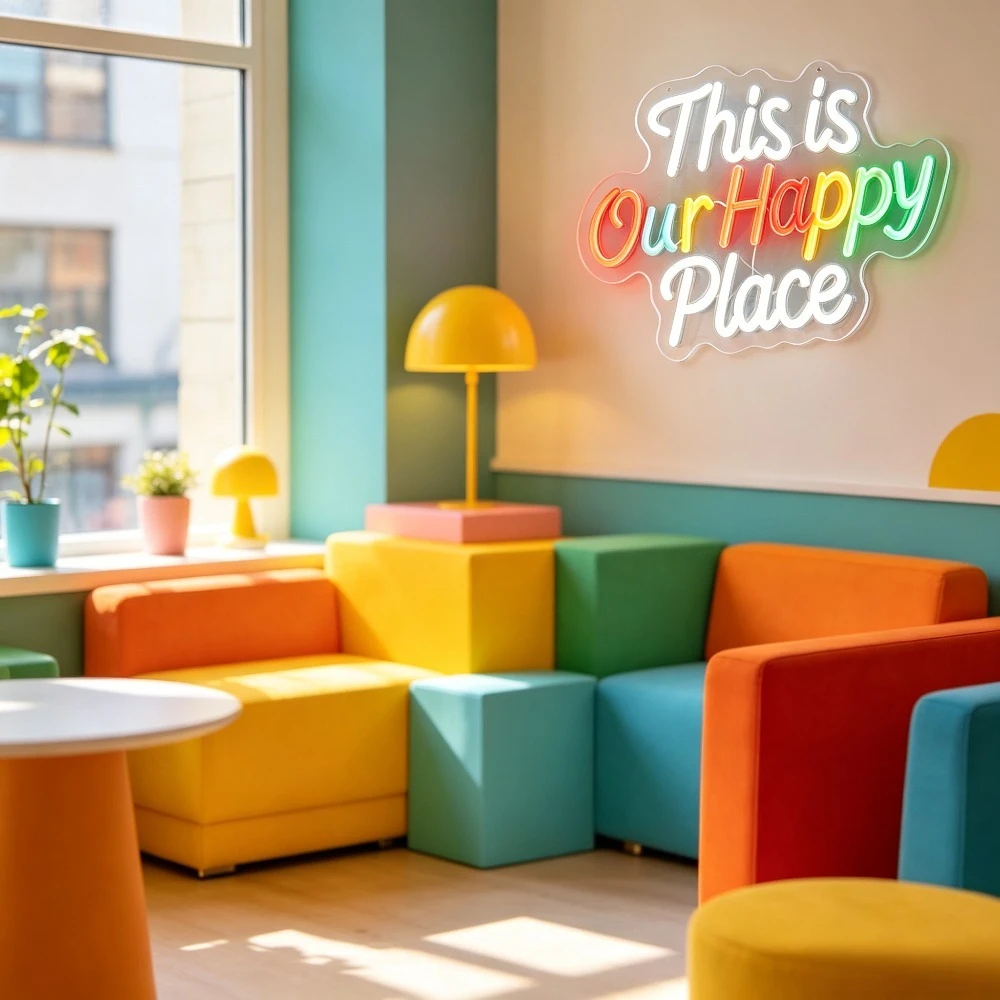 Happy Place Neon Sign LED Wall Art Lighting This Is Our Happy Place Decor for Bedroom Living Room Nursery Dorm Room Gift - view 2