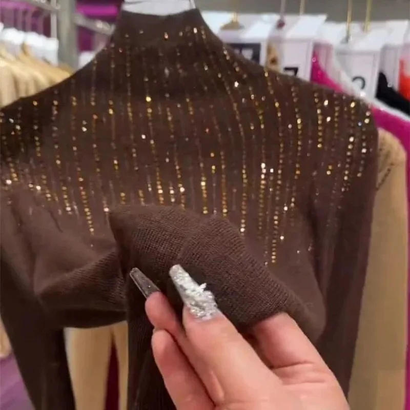 

Women's Semi-Turtleneck Solid Color Top 2025 Early Fall Slim Fit Rhinestone Base Layer Women Clothing Y2k Clothes