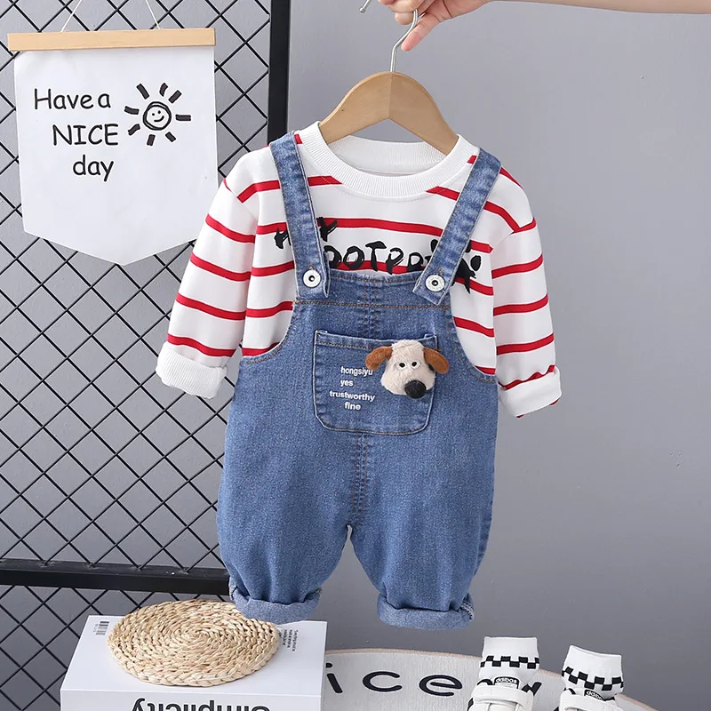 INS NEW Autumn Toddler Boys 2PCS Clothes Set Letter Striped Cotton Pullovers Denim Cartoon Overalls Suit Kids Boys Outfits