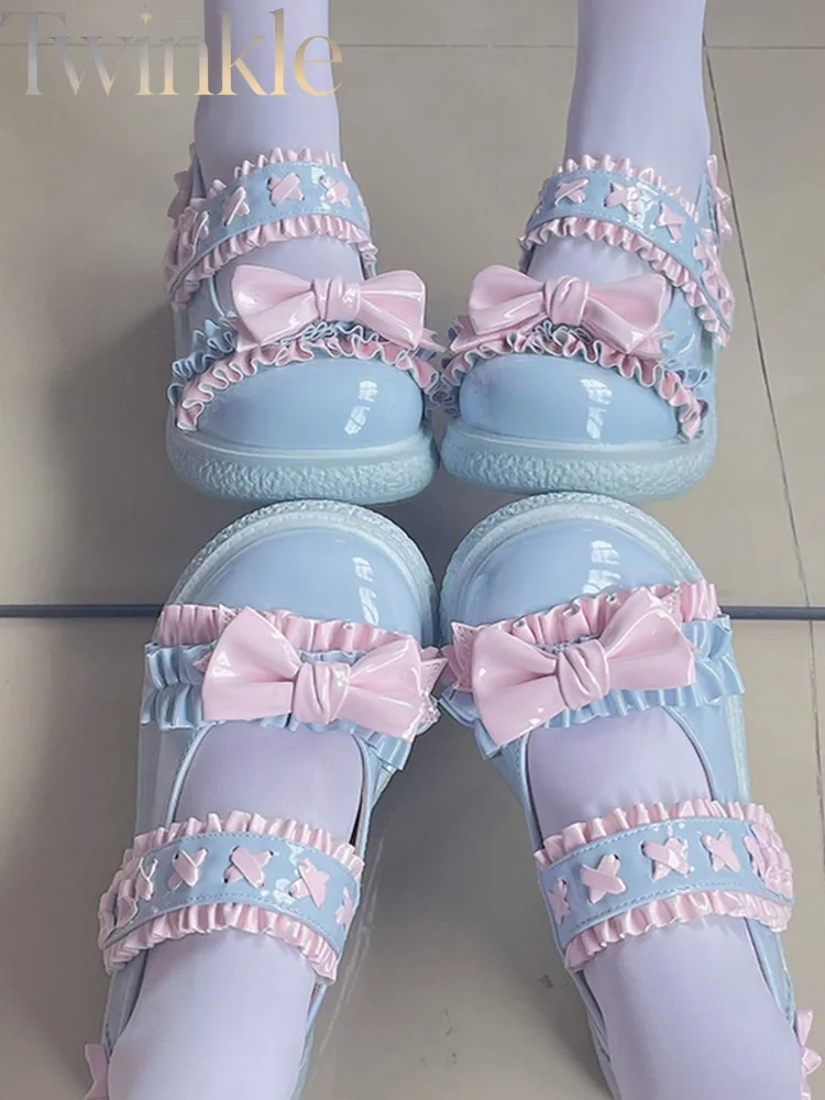Sweet Lolita Platform Shoes Women Kawaii Candy Color Preppy Style Cute Mary Janes Girl Princess Bow Lace Shoes