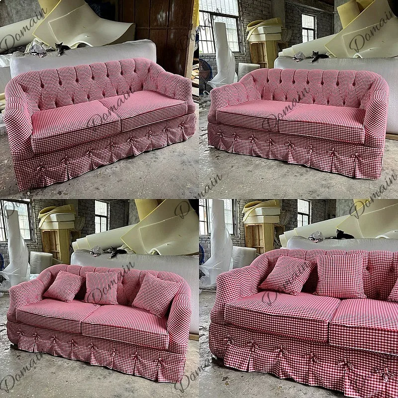 Retro style small red and white plaid sofa pastoral style small apartment skirt edge famous hotel photography photo
