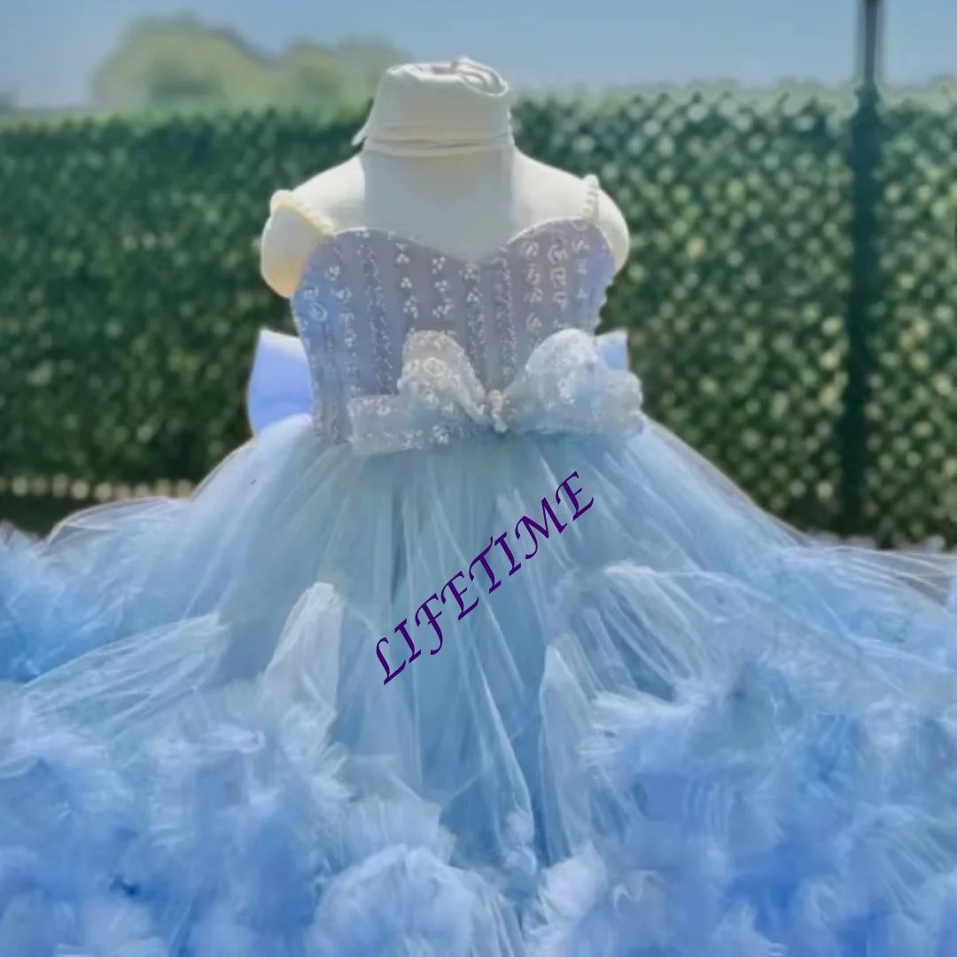 تخصيص السباغيتي الأشرطة زهرة فتاة فستان ألف خط مطوي الكشكشة الديكور فستاين سهرة/فساتين الحفلات مع القوس تول أول بالتواصل عيد ميلاد P