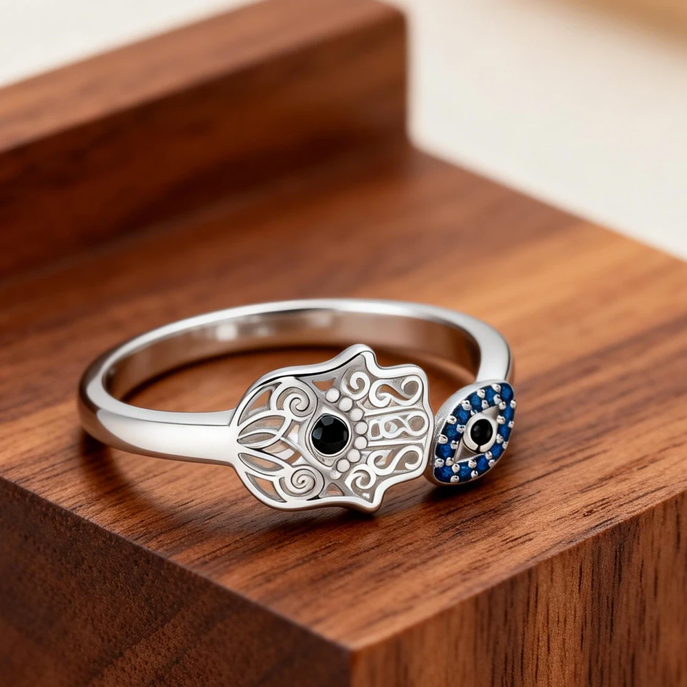 Anillo Apilable de Plata 925 Bañada en Plata con Mano de Fátima, Zirconia en Forma de Lágrima, Loto y Ojo Turco, Joyería para Fiesta, Regalo