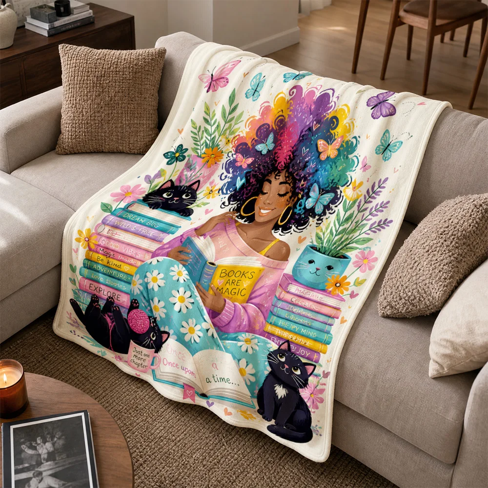 Cozy Book Lover Throw Blanket for Sofa Plush Fleece Decorative Gift reading Nook Cat Friends Story Magic Literary Couch Decor Ae