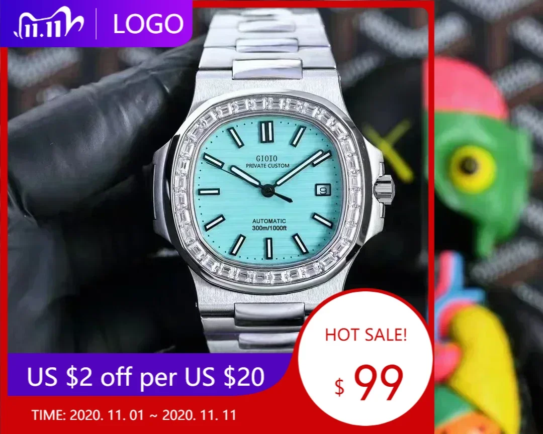 Reloj mecánico automático de lujo para hombre, luminoso, azul cielo, cuadrado, diamantes, bisel, acero inoxidable, cuero negro