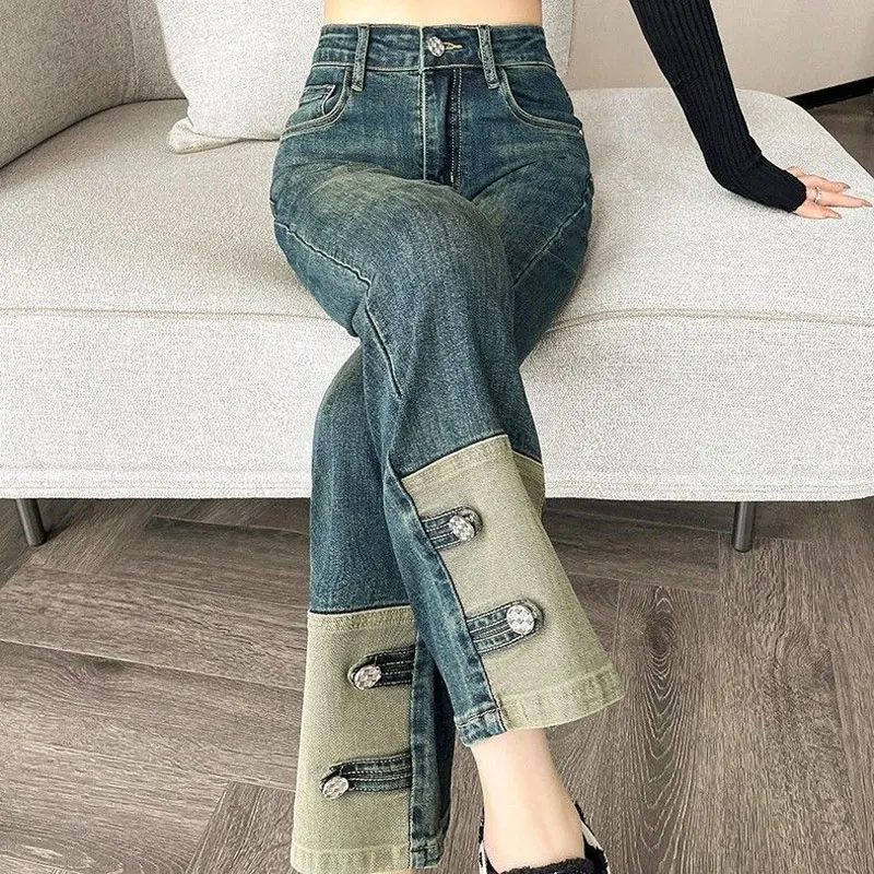 Vintage Patchwork Straight Cropped Pants Spring Autumn High Waist Women\'s Clothing Stylish Distressed Button Commute Basic Jeans