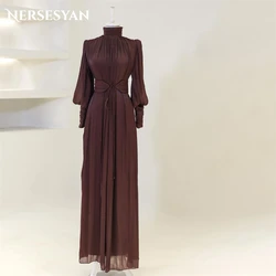 Nersesyan Solid musulmano abiti da sera formali collo alto a-line Lantern Sleeves abito da ballo per cintura da sposa pieghe abiti da festa