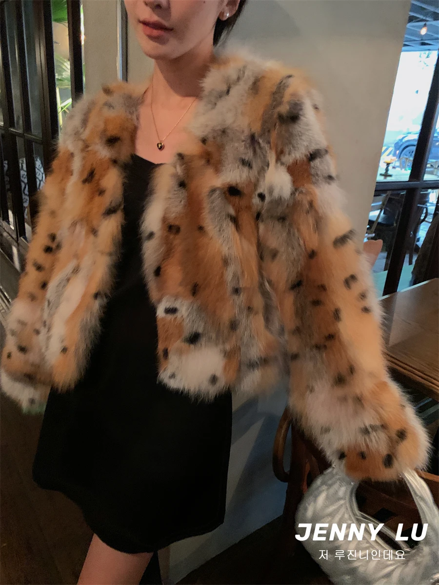 2024 New Real fur,Fall and Winter Women Luxury leopard print natural fox fur coats Plus Size Jacket outerwear for Women