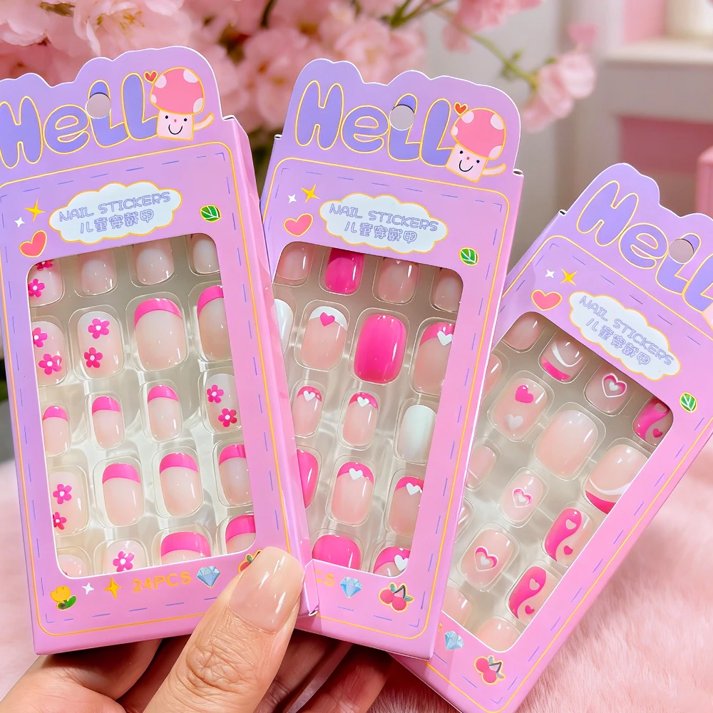 24 Stück/Box Cartoon Kinder Aufklebenägel Schwarze Blumen Französische Spitzen Künstliche Nägel Vollständige Abdeckung Falsche Nägel für Kinder Tägliches und Festtags-Tragen – Detail 8