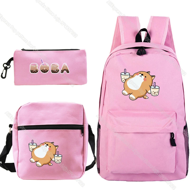 Cute Cartoon Animals Boba Tea Backpack 3 Pieces/set Girls School Bag Boys Pencil Case Crossbody Bags Women Kids Canvas Knapsack