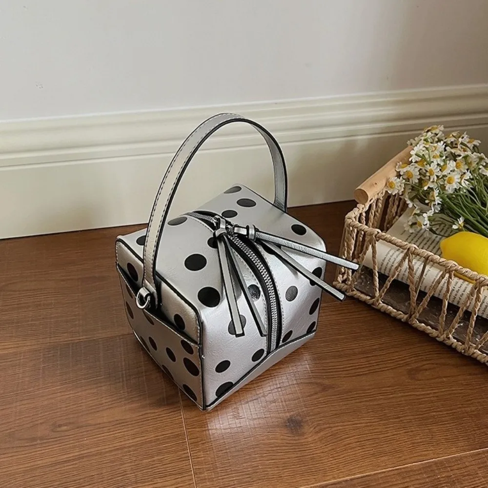 

Unique PU Polka Dot Handbag Zipper Closure Top Handle Box Shaped Shoulder Bag Small Square Adjustable Strap Bucket Bag Commute