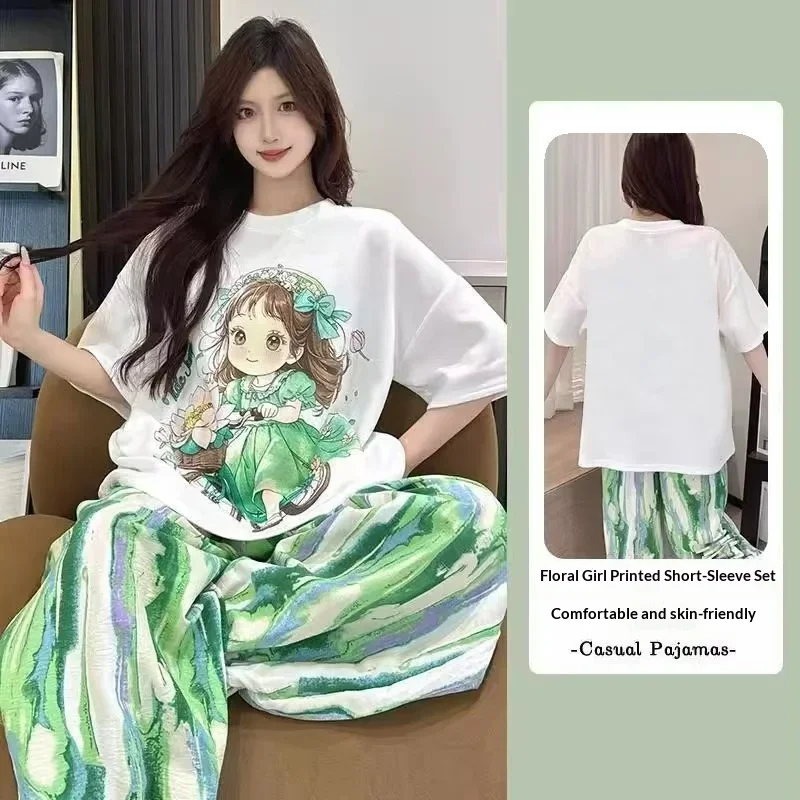 Women's Short Sleeved Long Pants Home Suit Summer New Cute Girl Cartoon Pullover Loose Lazy Style Home Suit Two-Piece Set