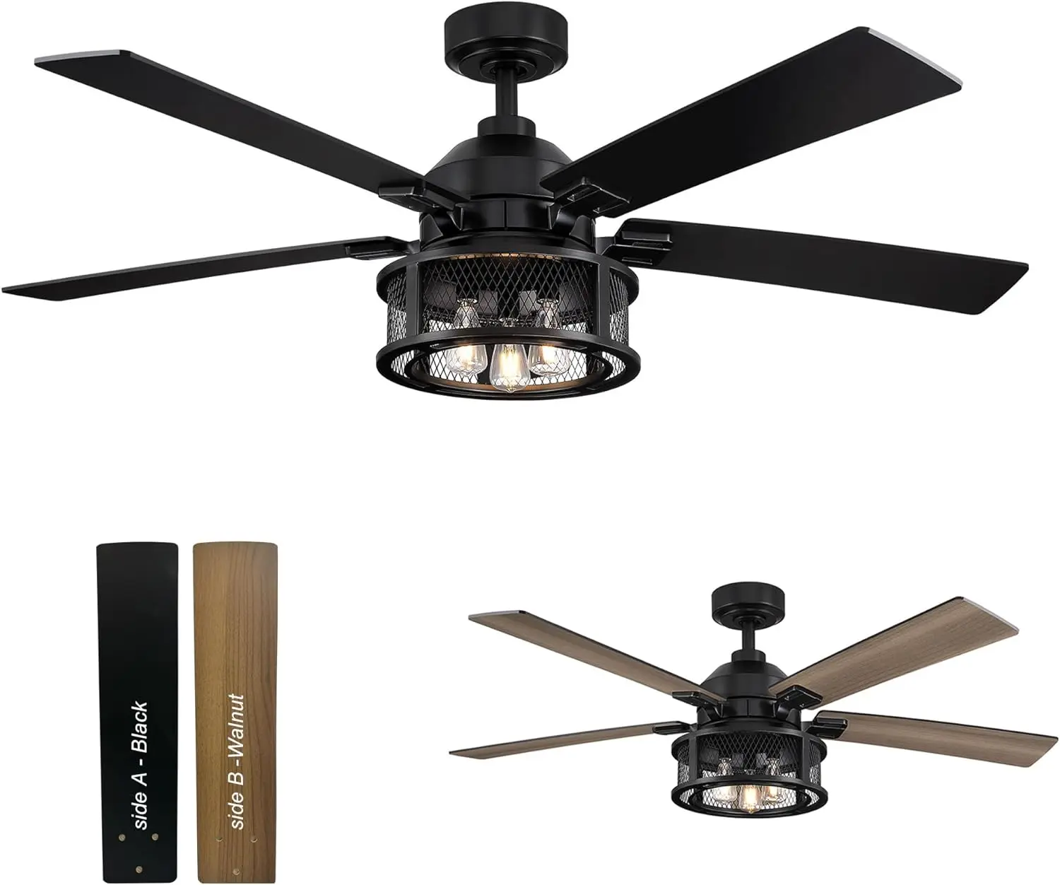 with Lights and Remote, 52 Inch Farmhouse Rustic Ceiling Fan for Bedroom Living Room, Black Outdoor Ceiling Fans with Caged Ligh