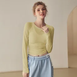 Quick-dry Round Collar Women Long Sleeve Seamless Tops Outdoor Sports Running Workout Gym Fitness Tops Soft Breathable T-shirts