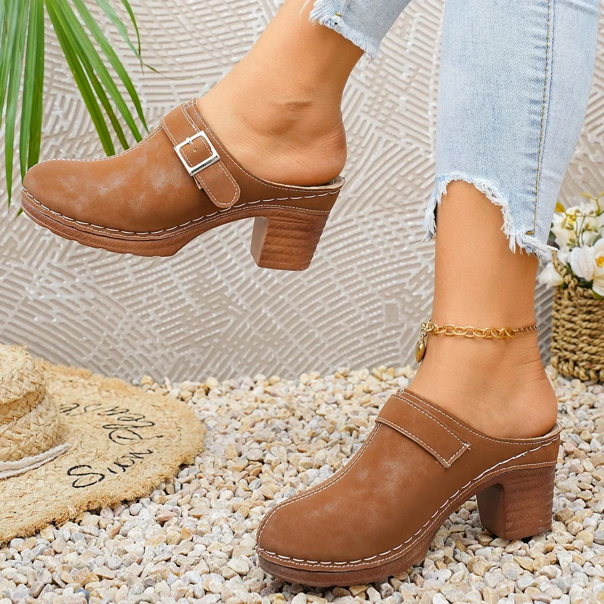 Damen Mules Pantoletten mit hohem Blockabsatz, geschlossene Zehenpartie, zum Hineinschlüpfen, Vintage, Sommer, lässig, bequeme Gehschuhe, Größe 36-43 – Detail 12