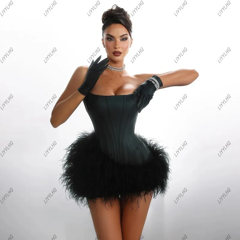 Mini vestido de fiesta de cumpleaños negro, Sexy y elegante, plumas bonitas, corsé de satén elástico, vestidos de graduación Vintage sin tirantes