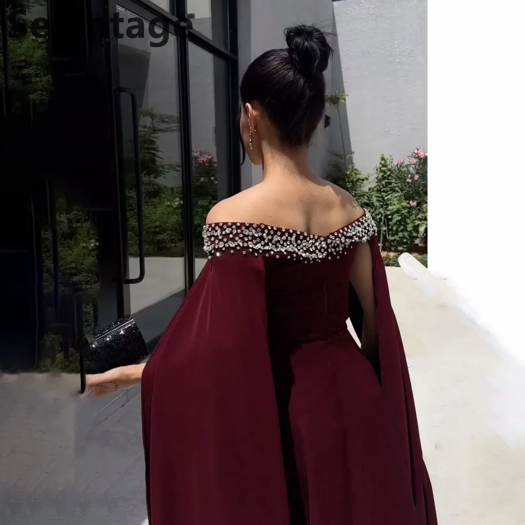 

Sevintage 2025 Burgundy A Line Evening Dress Wedding Party Cape Sleeve Prom Dress Saudi Arabic Party Gown Customized