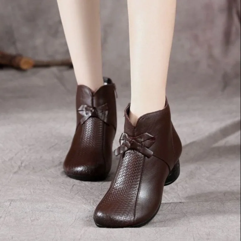 Comemore Winter Woman 2024 Wedge Booties Fashion Butterfly-knot Retro Shoes Ladies Zip Boot Female Vintage Brown Leather Boots