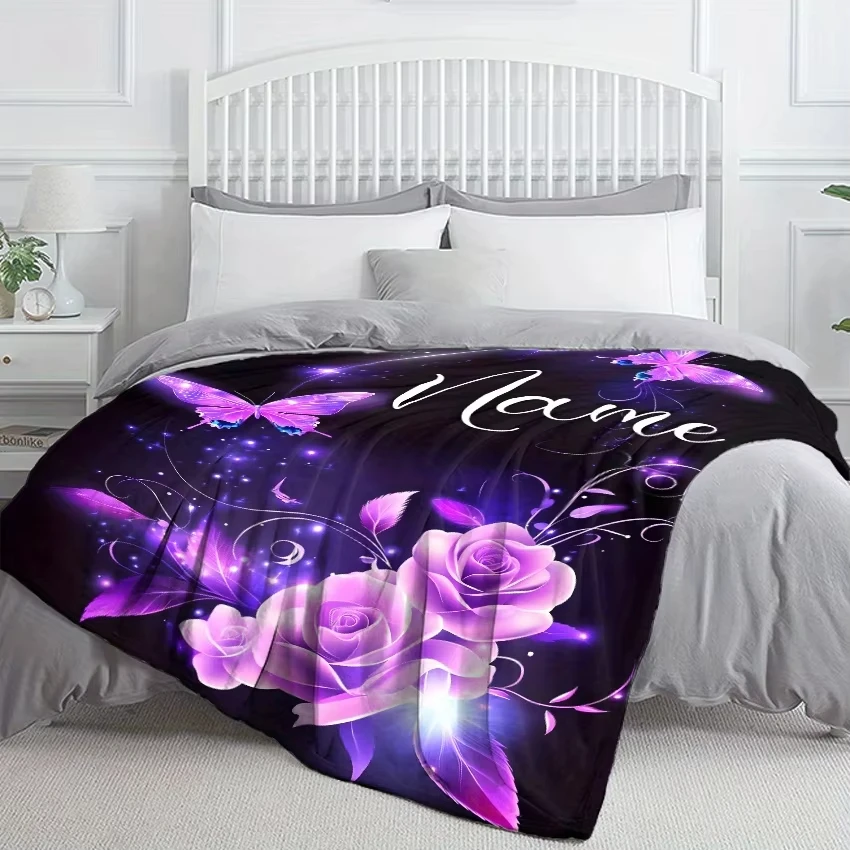 Custom Name Dream Butterflies & Roses Lightweight Flannel Blanket - Soft, Warm, and Durable Digital Printed Throw for Sofa, Bed