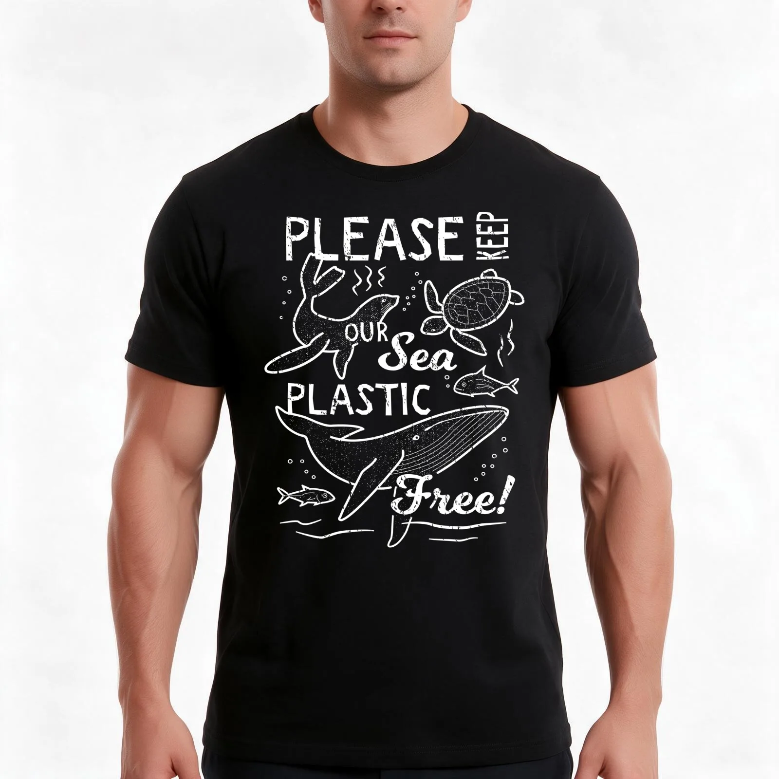 Please Keep Our Sea Plastic Free - Marine Animals T-Shirt, Summer Casual Cotton Tee, Oversized Streetwear Tops, Unisex Men Women