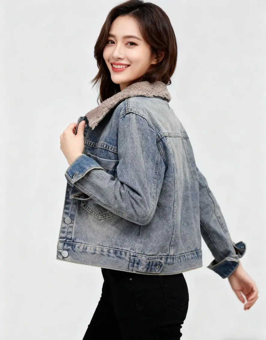 

Denim Coat Black Sexy Fur Plush Womens Winter Moisture-Wicking Sculpted-Cut Retro Style Holiday Travel Quick-Drying Fuzzy Lined