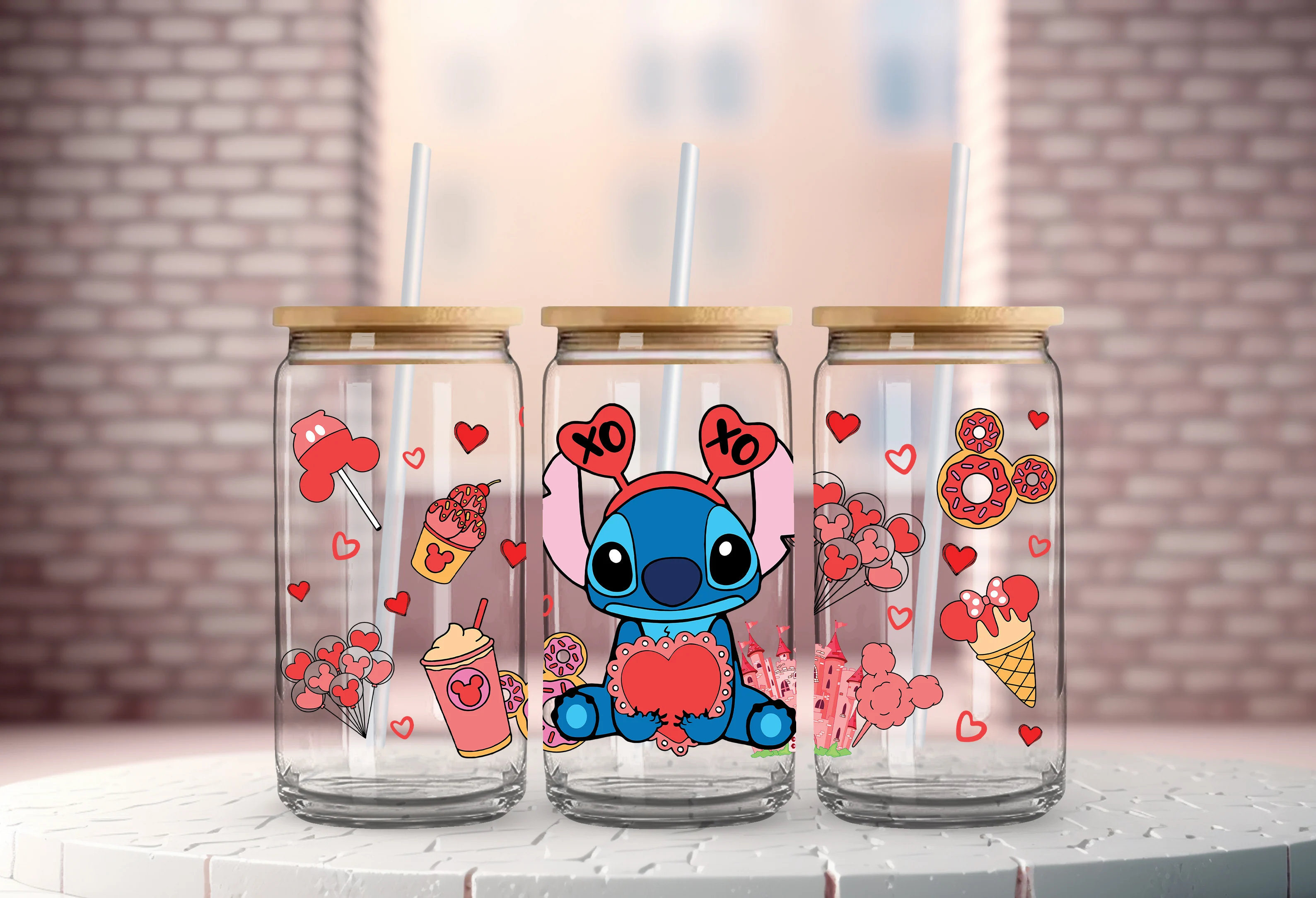 Valentine's Day cartoon Mickey Minnie Stitch Love 16oz Glass Cup UV DTF Transfer Film High-Quality Wraps Transfer Decals