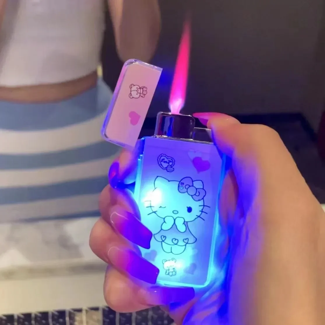 Kawaii Kuromi Pink Flame Lighter Creativity Strobe Light Igniter Hello Kitty Lighter Cinnamoroll Melody Girl Smoking Accessories