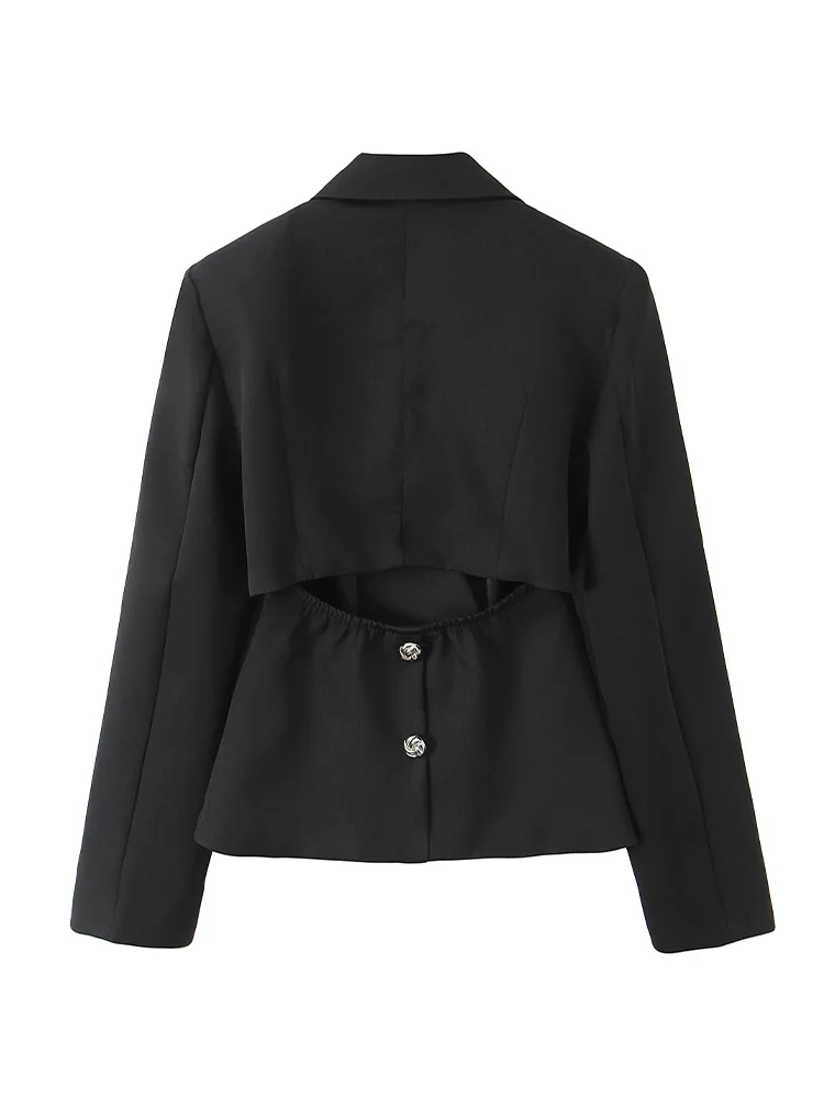HH Woman Fashion Long Sleeves Black Blazer Spring Female Irregular Collar Single Button Back Hollowed Out Decoration Suit Jacket