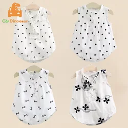 2025 Summer 2 3 4 5 6 8 10 Years Children White Flower Full Print Cotton Mandarin Collar Sleeveless Baby Kids Girl Blouse Shirt