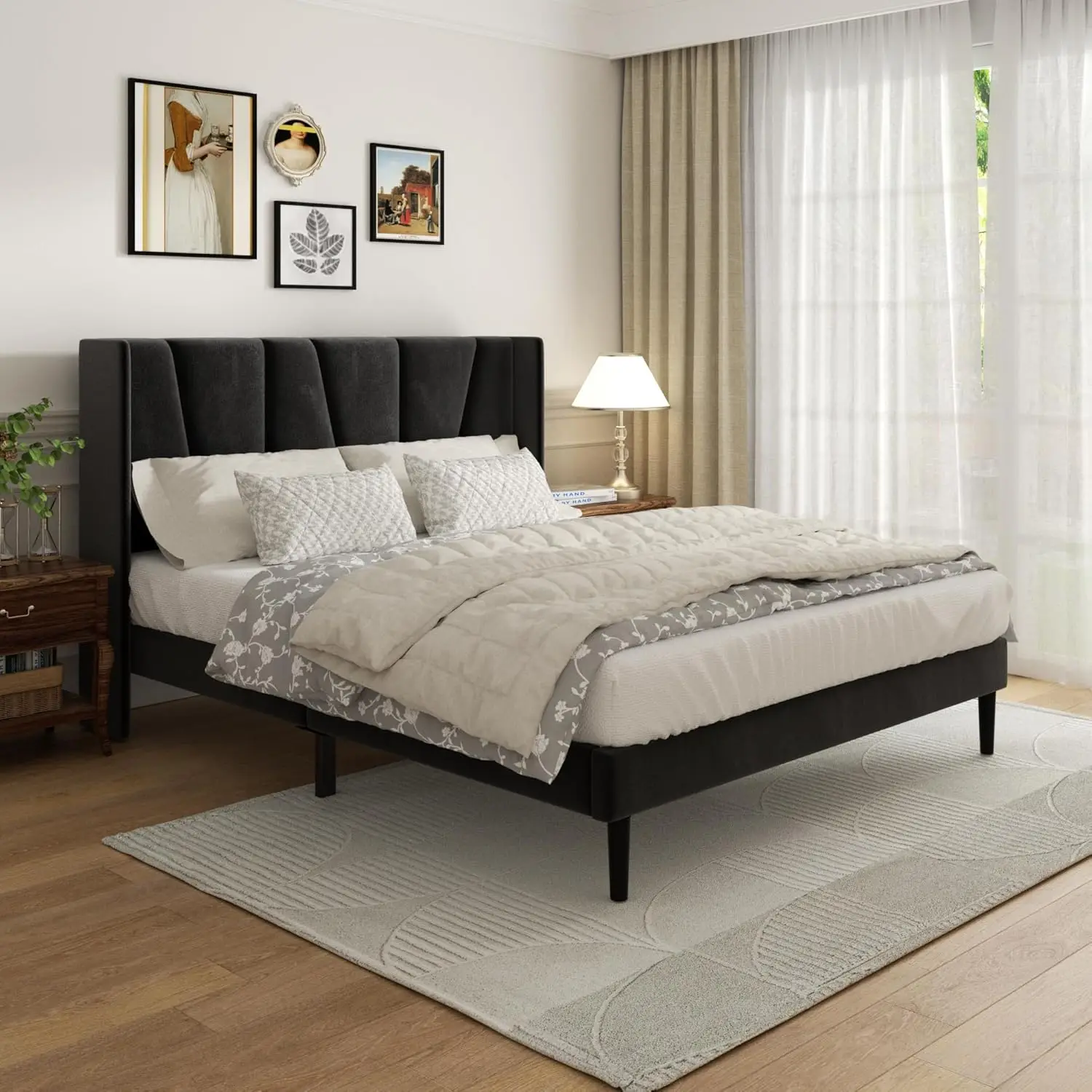 

Queen Bed Frame with Headboard Velvet Upholstered Platform Bed Wooden Slat Support No Box Spring Needed