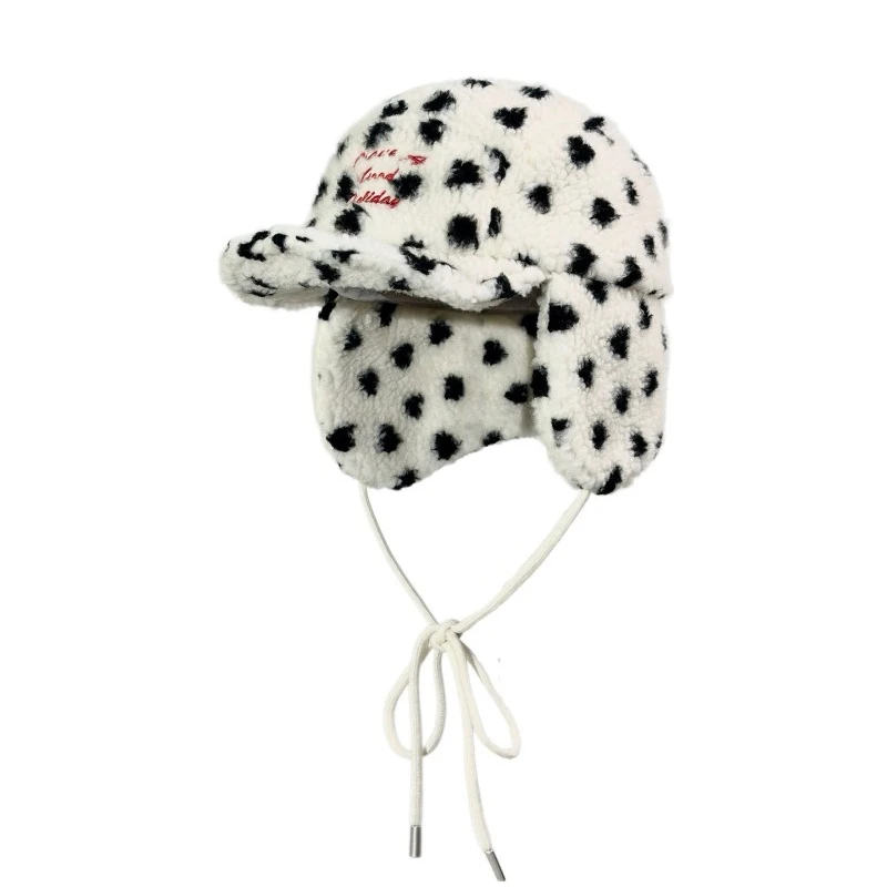 Koreanische Version Polka Dot Plüsch Baseballkappe für Männer und Frauen, Bombermütze, Winter Lammwolle, warm, Outdoor, Ohrenschutz, Pilotenmütze – Detail 5