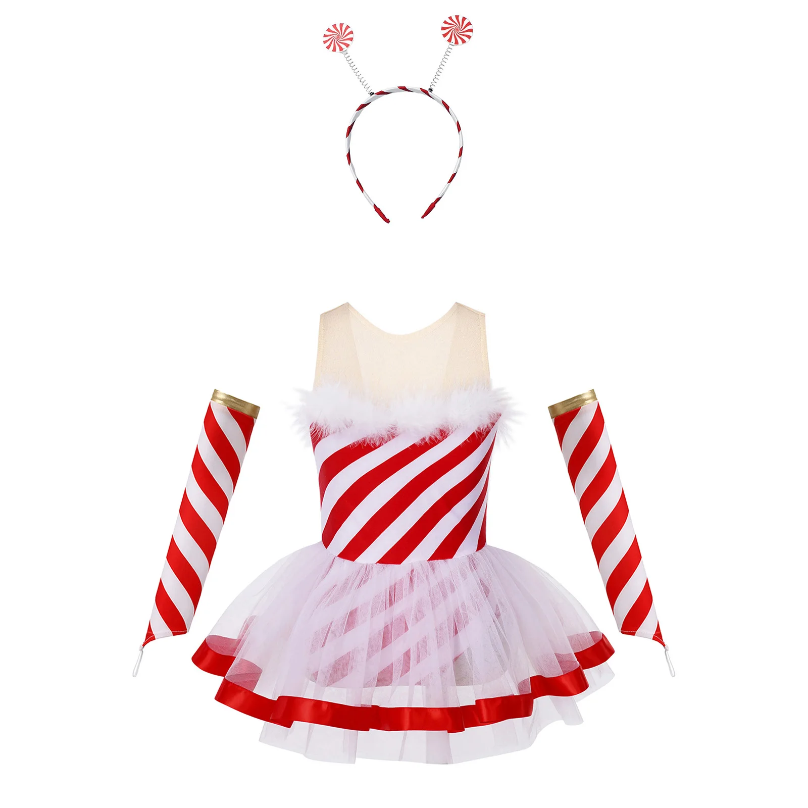 الفتيات قصب الحلوى السيدة سانتا كلوز زي مخطط شبكة عيد الميلاد الرقص الشكل التزلج توتو فستان يوتار مع الأكمام أغطية الرأس #3
