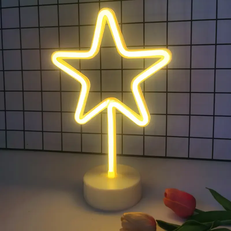 Letrero de luz de neón de estrella 2025, luces LED de diseño, luces de figura alimentadas por USB y con batería, decoración del hogar, luces de noche de mesa