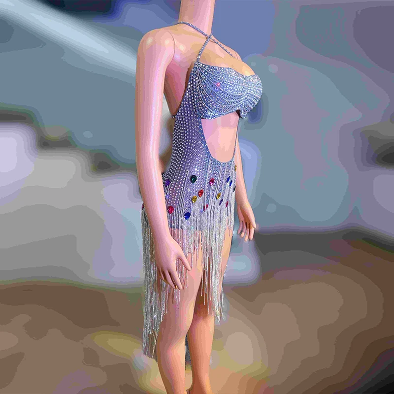 2025 Sexy Gogo danseur Performance tenue discothèque Bar Paty costume dos nu évider gland robe strass body Rave Wear