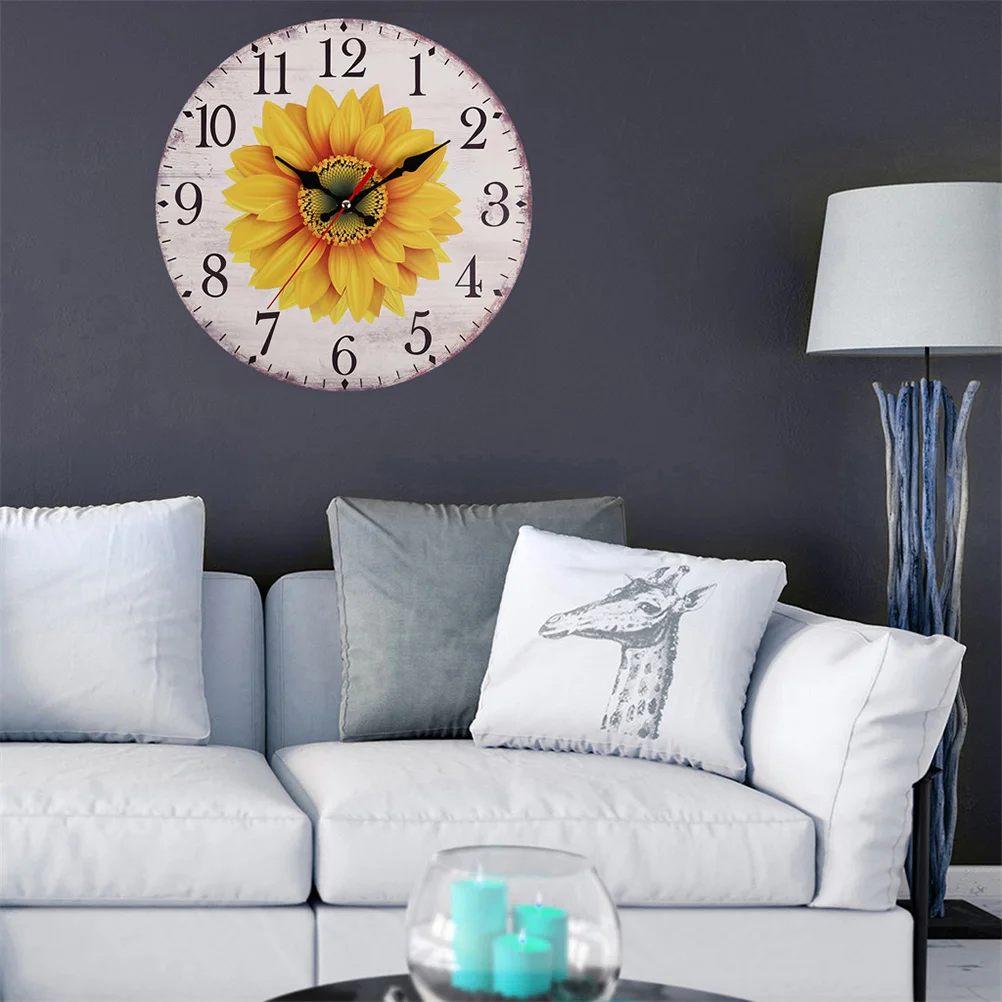 

30cm Wooden Sunflower Wall Clock Silent Creative Round Decor for Bedroom Living Room Kitchen Office Vintage Wooden Wall Clock