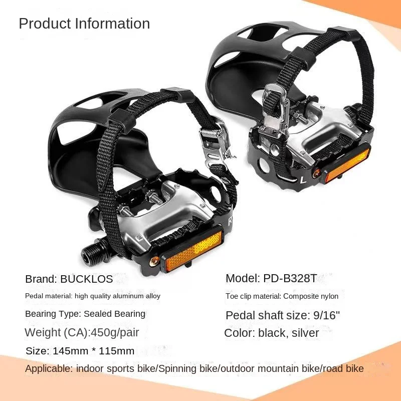 

Mountain bike anti-skid pedal made of aluminum alloy material dog mouth flat pedal with toe strap and composite nylon material