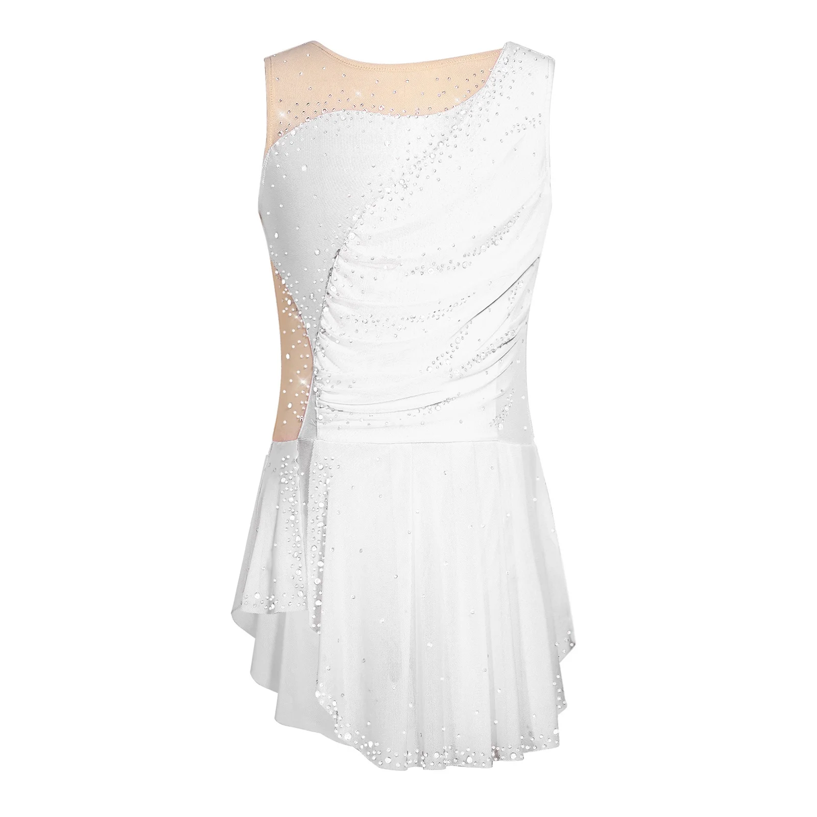 Kinder Mädchen Gymnastik Eiskunstlauf Ballett Tanzkostüm Funkelnde Strasssteine Gerafftes Netzkleid mit Seitenschlitz und Eingebautem Slip – Detail 19