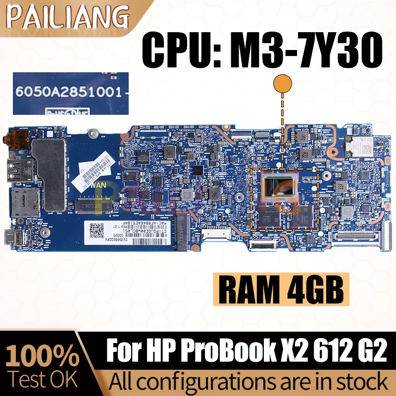 For HP Probook X2 612 G2 Notebook Mainboard 6050A2851001 SR347 M3-7Y30 L01335-601 With RAM Laptop Motherboard Full Tested