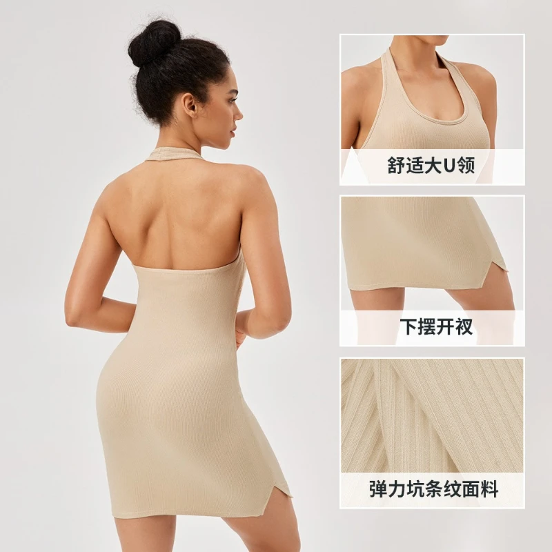 Summer Women Yoga Dress Slimming Soft High Elastic Backless Sleeveless Tennis Golf Mini Dresses with Built-in Bra Sports Clothes