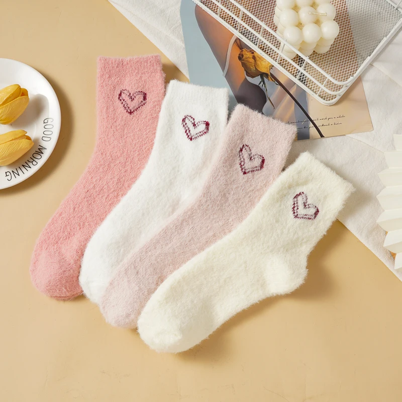 

4 Pairs Warm Mink Fleece Middle Tube Socks Women's Autumn Winter Sleep Home Socks Love Cute Soft Short Socks